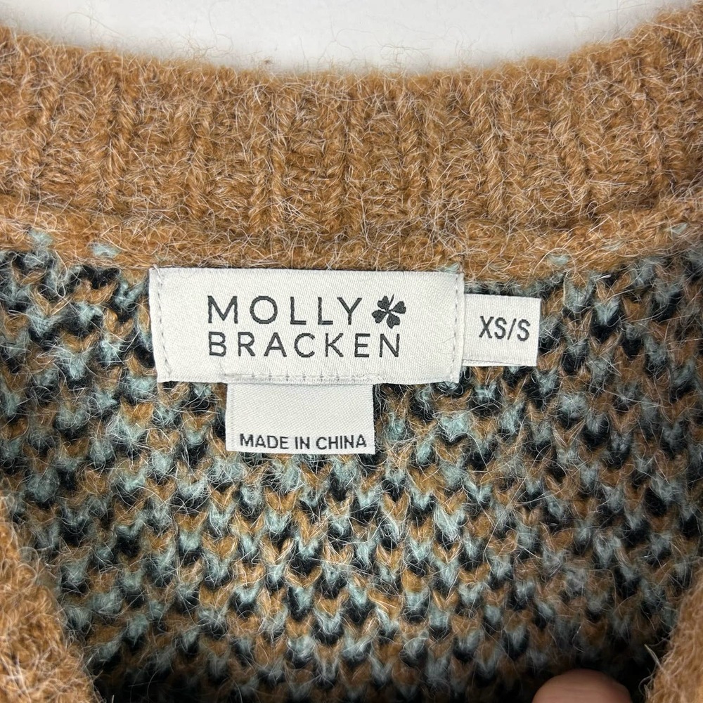 Molly Bracken Chunky Tan Mint Blue Leopard Print Sweater Size XS/S - Picture 3 of 6